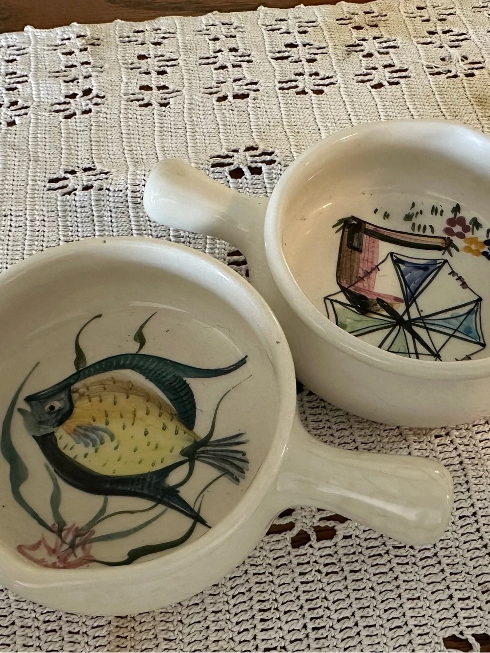 Vintage Secla Portugal Bowls Hand Painted Fish Umbrella Handle Pair 4